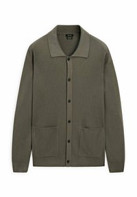 Olive green cardigan made of ribbed knit material, featuring a collar, black buttons, and two front pockets.