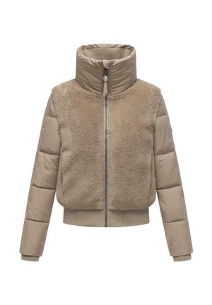 Giacca imbottita beige con zip frontale, colletto alto e pannello in fleece testurizzato sulla parte superiore del corpo. Maniche lisce e orlo a costine.
