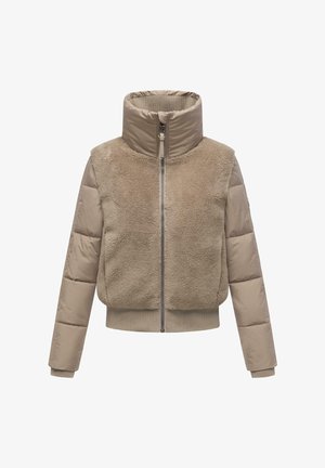Beige padded jacket featuring a zip front, high collar, and textured fleece panel on the upper body. Smooth sleeves and ribbed hem.