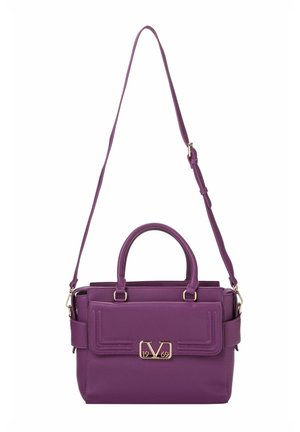 Purple leather handbag with top handles, adjustable shoulder strap, and gold clasp featuring the numbers 19 and 69 on a front flap.