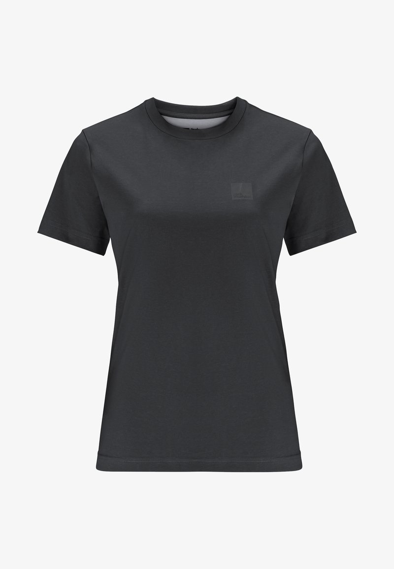 Camiseta negra de manga corta con cuello redondo, con un pequeño logotipo sutil en el pecho izquierdo, diseño liso, corte ajustado.