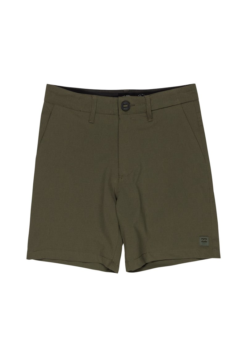 Olivgröna shorts gjorda av lättviktigt tyg, med knappstängning, bältesöglor, sidofickor och en logotagg på fållen.