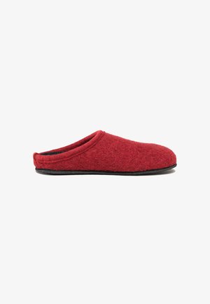 Red felt slipper with a rounded shape, soft texture, and a flexible black rubber sole. Open back design for easy slip-on wear.