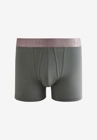 Szürke boxer alsónemű, puha anyagból készült, szoros szabású, támogató elülső zsebbel és rózsaszín, embosszált logóval ellátott elasztikus derékpánttal.