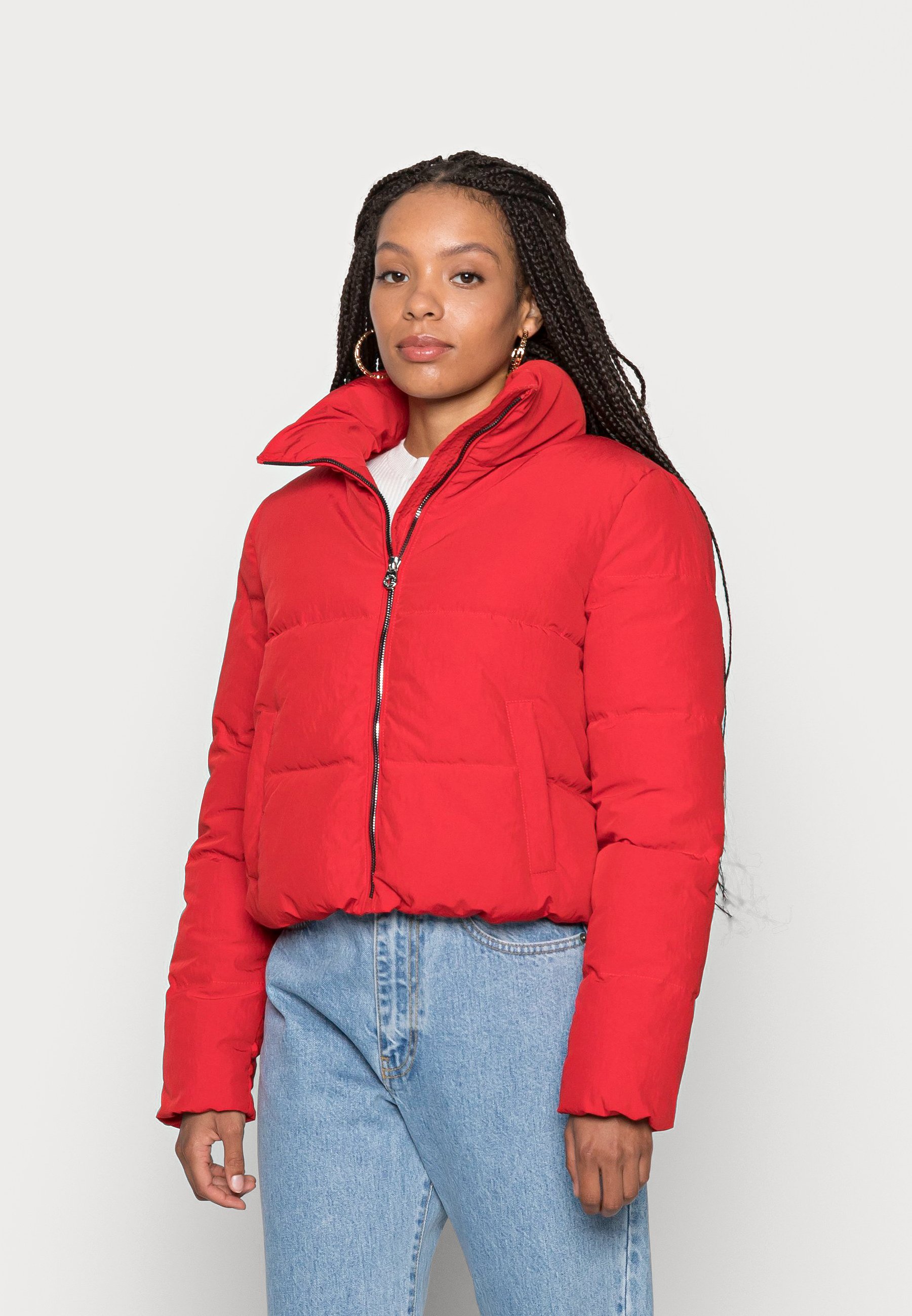 red wrap puffer jacket
