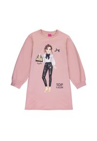 Abito rosa a maniche lunghe con un'illustrazione frontale di una ragazza in un abbigliamento alla moda, pantaloni neri con paillettes e una borsa. "TOP Model" stampato in basso.