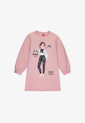 Pink long-sleeve dress featuring a front illustration of a girl in stylish attire, black sequin pants, and a handbag. "TOP Model" printed below.