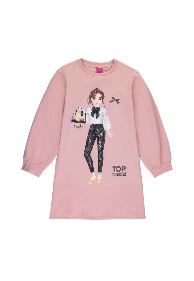 Abito rosa a maniche lunghe con un'illustrazione frontale di una ragazza in un abbigliamento alla moda, pantaloni neri con paillettes e una borsa. "TOP Model" stampato in basso.