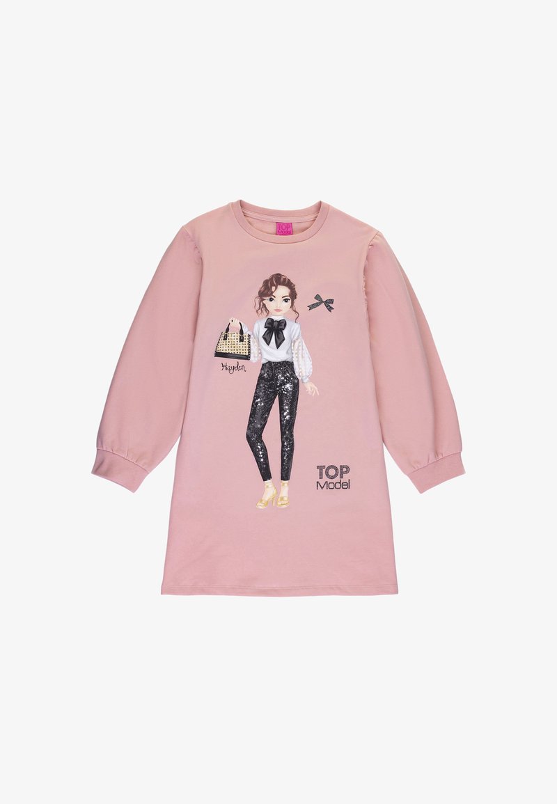 Rosa Langarmkleid mit einer Vorderillustration eines Mädchens in stylischer Kleidung, schwarzen Paillettenhosen und einer Handtasche. "TOP Model" in Druck darunter.