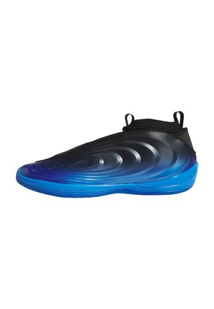 Chaussure de sport noire et bleue sans lacets avec motif ondulé texturé et languettes en boucle au talon et à la languette, vue de profil.