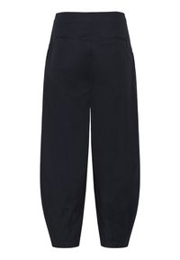 Black, high-waisted, loose-fitting pants with a smooth texture, featuring two back pockets and tapered ankles for a relaxed silhouette.