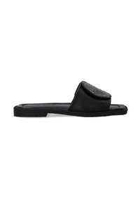 Sort slide sandal med flad sål, polstret overdel med en struktureret rhinestone-detalje og glat syntetisk materiale.