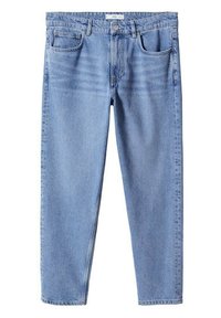 Jeans in denim blu chiaro con taglio dritto, dotati di cinque tasche, passanti per cintura e una leggera scoloritura nella trama del tessuto.