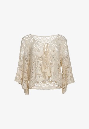 Crèmekleurige gehaakte kanten blouse met driekwartsmouwen, een ronde halslijn en vooraan stroken met kwastjes.