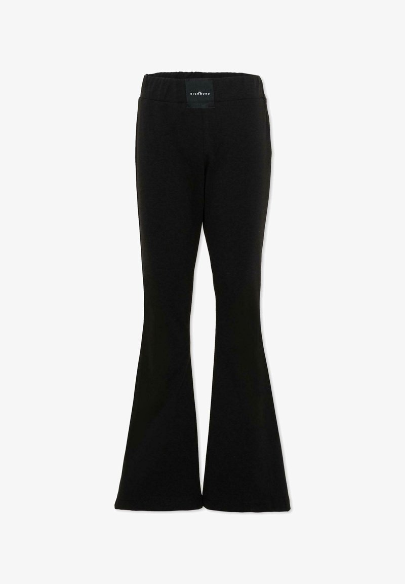 Pantalon évasé noir avec taille élastique et une petite étiquette de marque rectangulaire au centre devant de la taille.