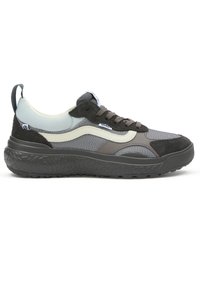 Black and gray sneaker with a mesh and suede upper, featuring a textured rubber sole and a cushioned collar for comfort.