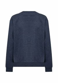 Marineblauwe sweatshirt met een zachte textuur, ronde hals, lange mouwen en elastische boorden aan de polsen en zoom. Eenvoudig, minimalistisch ontwerp.