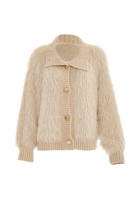 Cardigan beige con esterno peloso, collare e polsini a coste, chiusura a bottoni e grandi bottoni rotondi.