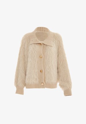 Beige cardigan featuring a fuzzy exterior, ribbed knit collar, and cuffs, with a button-down front and large round buttons for closure.