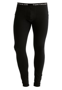 Leggings negros hechos de material de algodón elástico, con un diseño ajustado y una cinturilla elástica con la marca "TOM TAILOR".