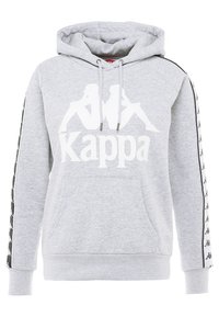 Felpa grigia con tasca frontale a marsupio, polsini elasticizzati e cappuccio con cordino. Presenta un grande logo bianco "Kappa" e dettagli laterali a motivo.