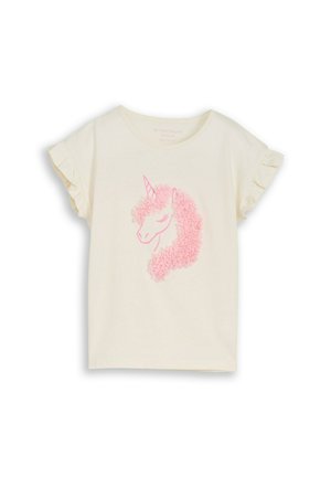 Kremowa koszulka dla malucha z krótkim rękawem, z falbanami na rękawach i różowym wzorem głowy jednorożca z teksturowaną grzywą na przodzie.