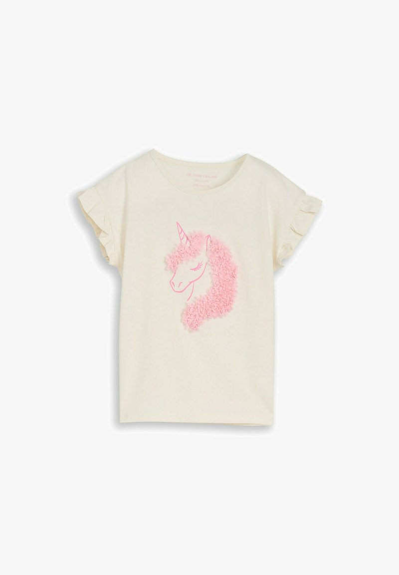 Chemise courte à manches courtes pour tout-petit, avec manches volantées et motif de tête de licorne rose avec crinière texturée sur le devant.