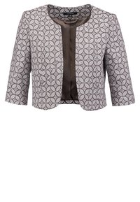 Veste courte à motif gris et blanc avec manches 3/4 et devant ouvert, dotée d'une doublure intérieure subtilement à pois.