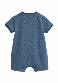 Dunkelblaues Kurzarm-Einteilungsset mit strukturiertem Muster, rundem Ausschnitt und Druckknopfverschluss am Boden für einfaches Ankleiden.
