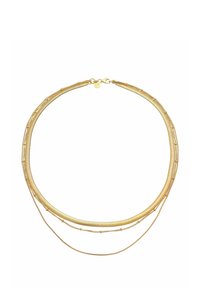 Collier multi-brin en or comprenant des maillons en métal texturé, avec différentes épaisseurs et de petits accents ronds. Fermeture à clip avec un charm.