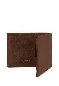 Bruine lederen bifold portemonnee met meerdere kaartsleuven en "REDOLZ SINCE 2007" in relief aan de binnenkant, staande open op een witte achtergrond.
