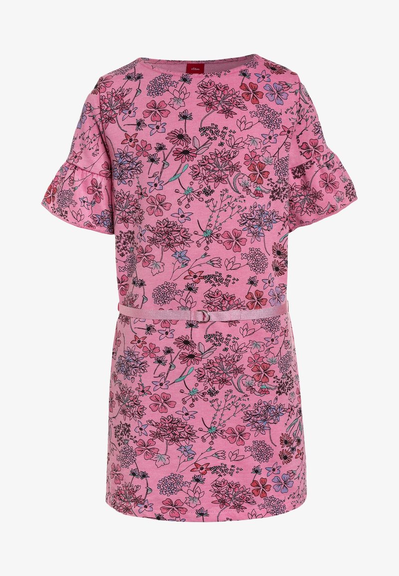 Robe courte à manches courtes rose avec poignets à volants, ceinture fine et motif floral multicolore intégral en rouge, violet et vert.