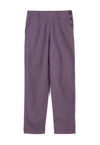 Lila raka byxor med sidofickor, bältesöglor och tre knappar vid vänster höftområde.