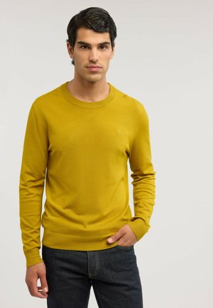 Hombre con cabello oscuro que lleva un suéter mostaza de manga larga y jeans oscuros, de pie con una mano en el bolsillo frente a un fondo sencillo.