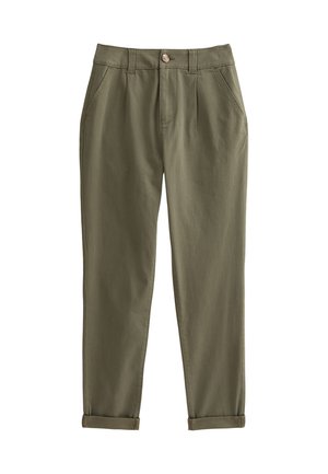 Olivgrüne Hose aus weichem Stoff, mit taillierter Passform, vorderen Taschen und umgeschlagenem Saum. Einzelner Knopfverschluss am Bund.
