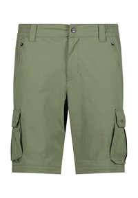 Olivgröna cargo-shorts med en dragkedjeficka, elastisk midja och sidofickor. Tillverkade av lätt och hållbart material.