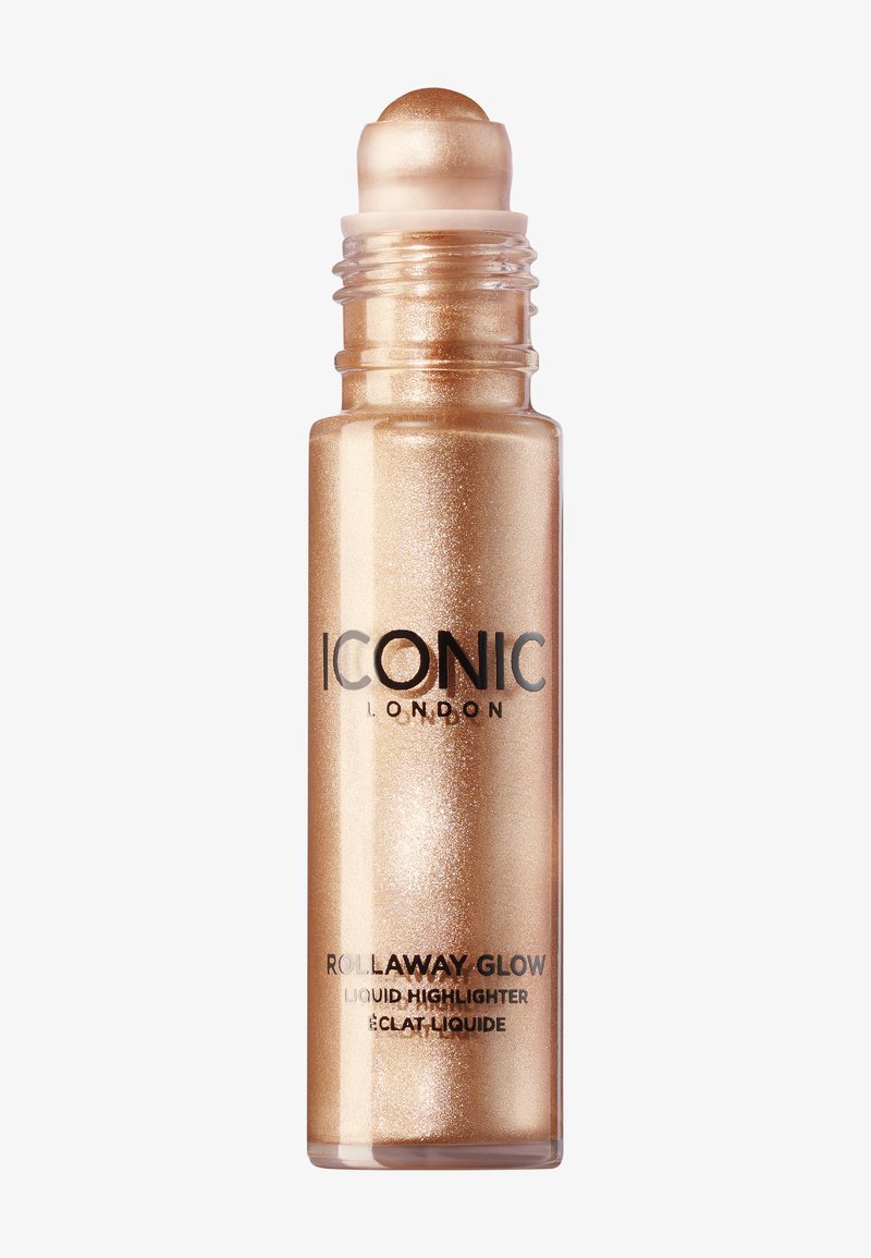 Gold liquid highlighter in a transparent cylindrical bottle with a metallic roll-on applicator. Features a shimmering finish and bold black text.