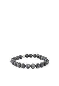 Brățară din mărgele realizată din piatră gri cu texturi variate, având o singură mărgea metalică ca accent. Design circular, montare elastică.