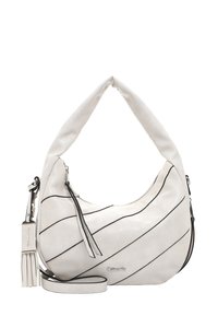 Witte leren hobo tas met diagonale zwarte strepen, gebogen handvat en een afneembare kwastcharme. Bevat een ritssluiting hoofdvak.