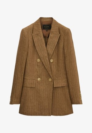 Bruine double-breasted blazer met brede revers, vier knopen aan de voorkant, klepzakken en knoopdetails aan de manchetten.