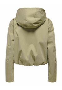 Veste légère beige à capuche avec manches longues et taille élastiquée, vue de dos sur fond blanc.