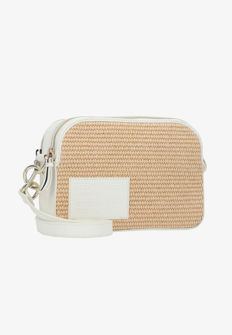 Borsa a tracolla rettangolare compatta con pannello frontale intrecciato beige, rifiniture in pelle bianca, tracolla removibile e patch con logo embossato di Ted Baker.