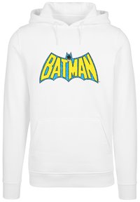 Hvit hettegenser med et stort, fargerikt "BATMAN"-logo med en flaggermus-silhuett og karakterens ansikt, laget av bomullsblanding.