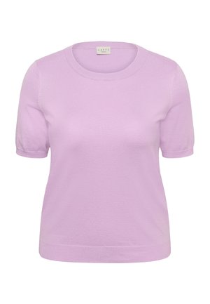 Világoslila rövid ujjú kötött felső kerek nyakkivágással, puha textúrával és karcsúsított szabással, finoman bordázott szegéllyel és ujjakkal.