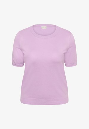 Lichtpaars gebreid topje met korte mouwen, een ronde halslijn, zachte textuur en een nauwsluitende pasvorm, voorzien van een subtiele geribbelde zoom en mouwen.