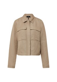 Beige cropped jasje met een kraag, twee voorzakken en lange mouwen. Gemaakt van een gladde, textuurstof. Voor sluiten stijl.