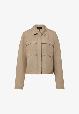 Veste beige raccourcie avec un col, deux poches avant et des manches longues. Fabriquée en tissu lisse et texturé. Style de fermeture avant.