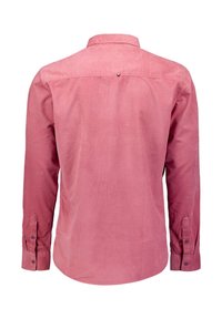 Langsleeve shirt in zacht, gestructureerd roze stof. Heeft een button-down kraag en is gestyled met een achterpand en een enkele knoopdetail.