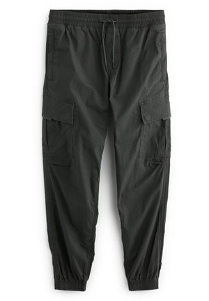 Pantalon cargo gris foncé avec taille et poignets élastiques, cordon de serrage à l'avant, poches à rabat latérales et poches fendues à l'avant, présenté à plat sur fond blanc.