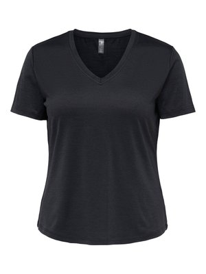 T-shirt noir à manches courtes pour femme avec col en V, taille cintrée et texture de tissu lisse.